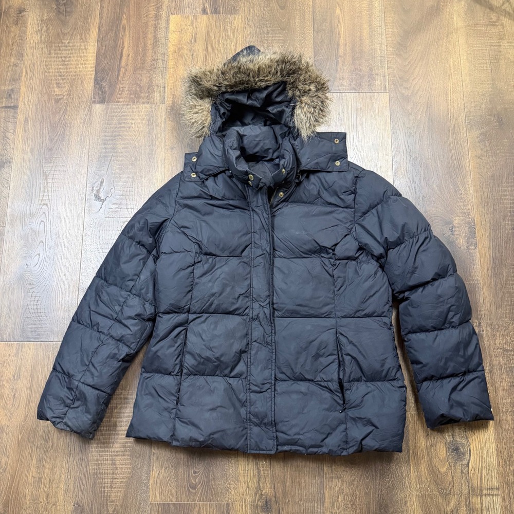 Y2K Tommy Hilfiger Women's XL Black Down Puffer Jacket Faux Fur Hood